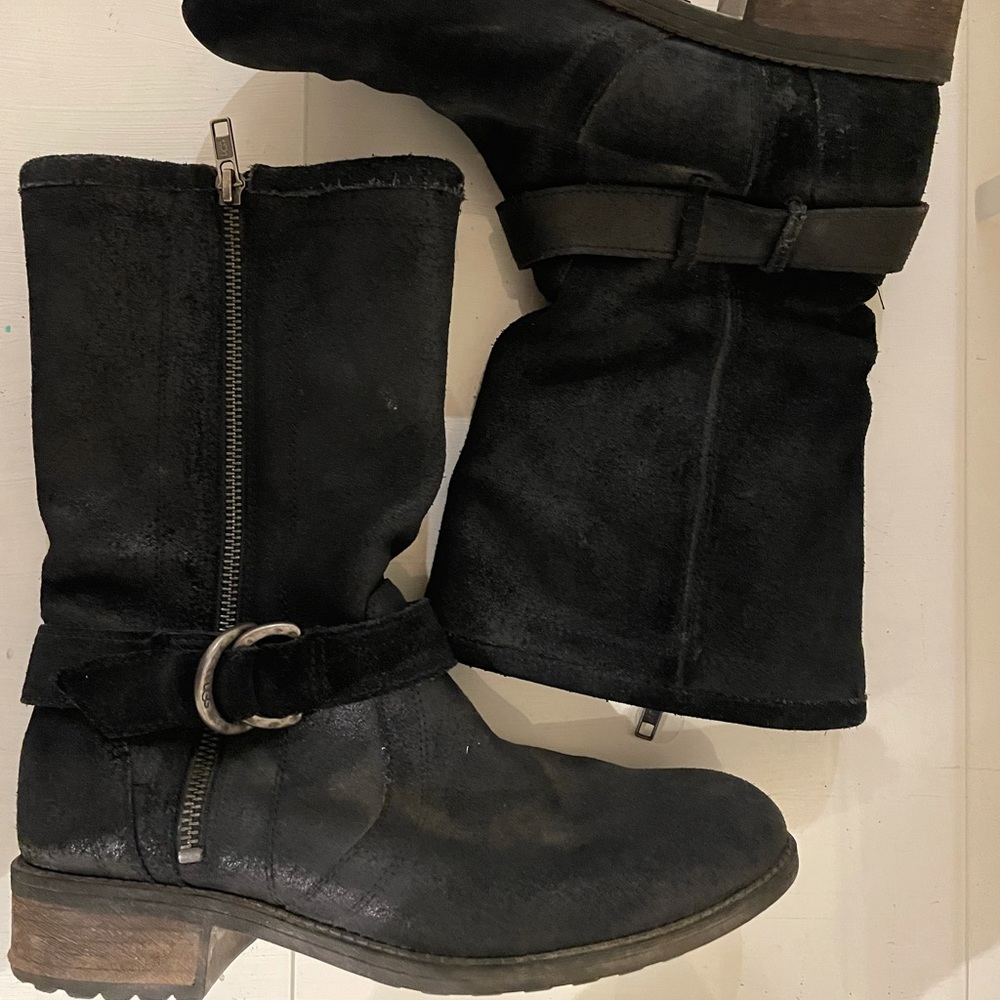 Ladies black UGG boots size 8.5 leather with animal print at zippers